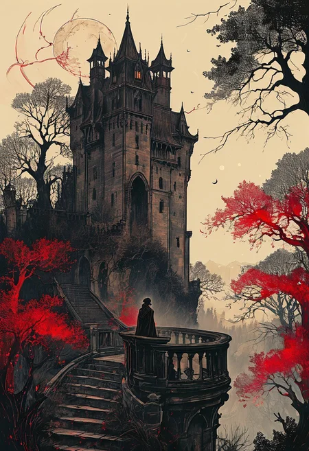 linquivera,  Ink illustration, (anime:0.5), brown tones, aged black red paper, inkpunk, moonlight,surreal, a vampire lord standing on a castle balcony in the forest, (at a distance), Will-o'-the-wisp, moonlit, lonely, solitude, windy, tall trees, willows, willowy,  OverallDetail, extremely detailed, UHD,(long exposure , dystopian but extremely beautiful:1.4),