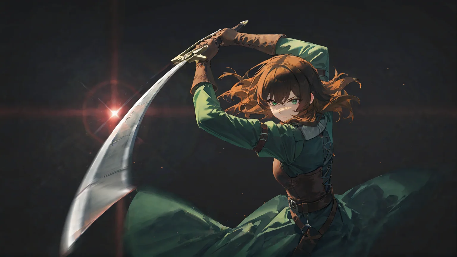 1girl,(solo:1.2),swordsman,(old:1.2),brown hair,medium hair,green_eyes,beautiful_deatil_eyes,serious,holding two-handed sword with both hands,(simple_two-handed sword:1.4),moderate length two-handed sword,(sword_attack:1.2),Leather armor,dilapidated_clothes,leather_gloves,faux_traditional_media,Cinematic Lighting,fighting stance,dynamic pose,light leaks,simple background,game cg,motion_blur,((extreme dynamic snapshot:1.1)),hyperdetailed,blurry,best quality,masterpiece,absurdres,(medieval:1.1),<lora:rafaelaaa:0.9>,