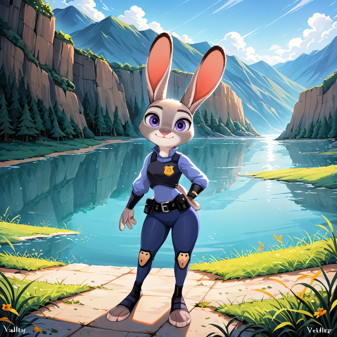 masterpiece, best quality, high quality, very aesthetic, very awa ,  anthro, solo ,female , judy hopps,  valley , clothed, (detailed background:1.2),