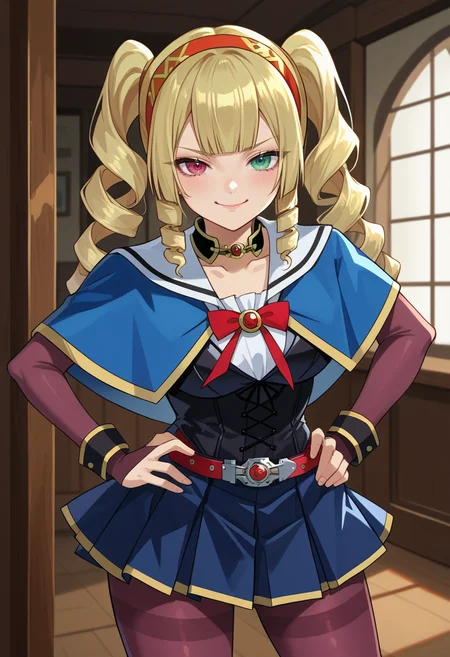 score_9, score_8_up, source_anime, 1girl, solo, KoamiSumire, heterochromia, blonde hair, long hair, twintails, drill hair, red hairband, detached collar, brooch, blue capelet, white sailor collar, red bowtie, black corset, elbow gloves, red belt, blue skirt, black pantyhose, thighband pantyhose, hands on hips, indoors, smug, smile, <lora:ChamKoamiSumirePonyXL:1>