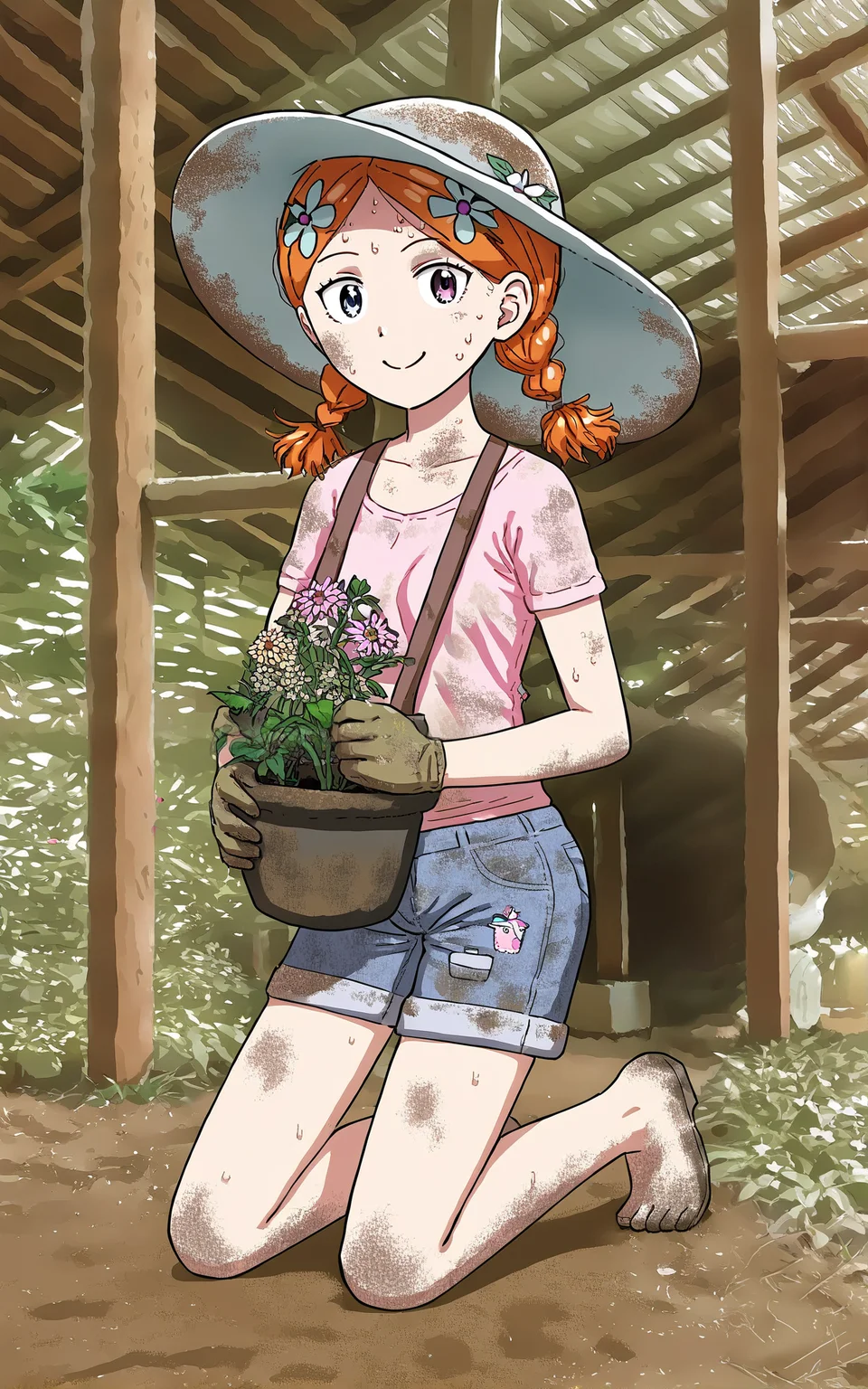 score_9_up, source_cartoon, suzieq, 1girl,garden hat. garden gloves. kneeling. garden. plants. sweat. orange hair, hair ornament, flower, hair flower, short hair, blue eyes,heterochromia, hairclip, shirt. shorts, twintails, braid. smile. garden tools. dirt. dirty.