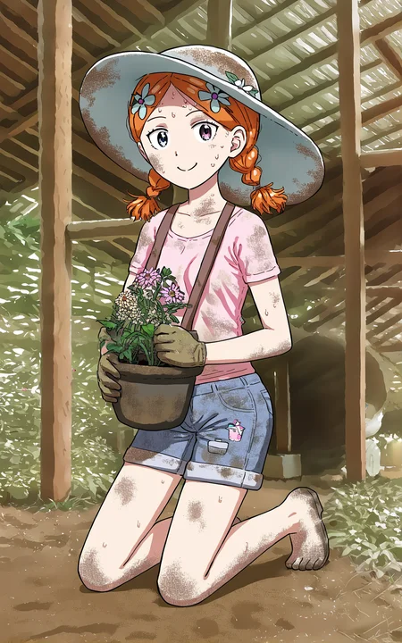 score_9_up, source_cartoon, suzieq, 1girl,garden hat. garden gloves. kneeling. garden. plants. sweat. orange hair, hair ornament, flower, hair flower, short hair, blue eyes,heterochromia, hairclip, shirt. shorts, twintails, braid. smile. garden tools. dirt. dirty.