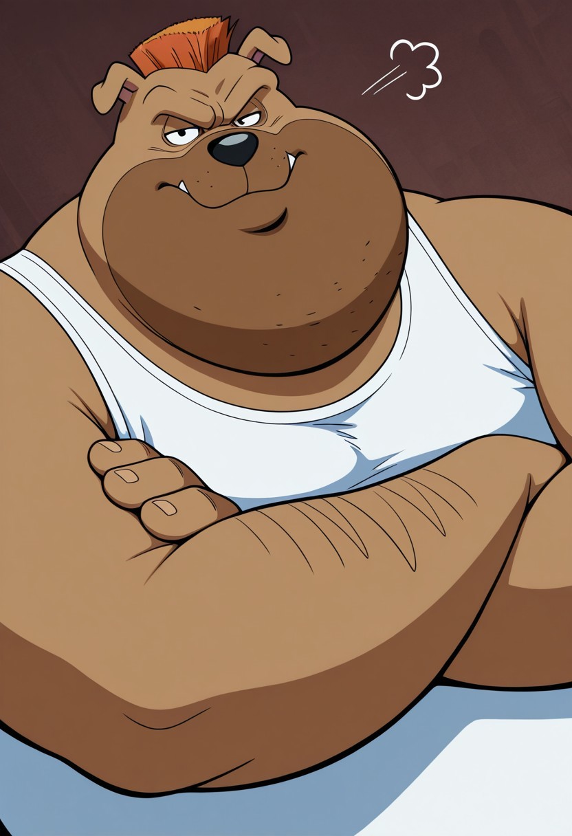 D4d, dark brown background, cartoon style, solo, 1boy, anthro, dog, male, baggy eyes, black eyes, large chin, black nose, brown fur, mohawk, short orange hair, spiky hairstyle, plump, belly, fat, overweight, white tank top, blue and orange striped shorts, BREAK half eyes closed, angry, looking at viewer, closed mouth, dynamic angle, upper body, face focus, close-up, crossed arms,
