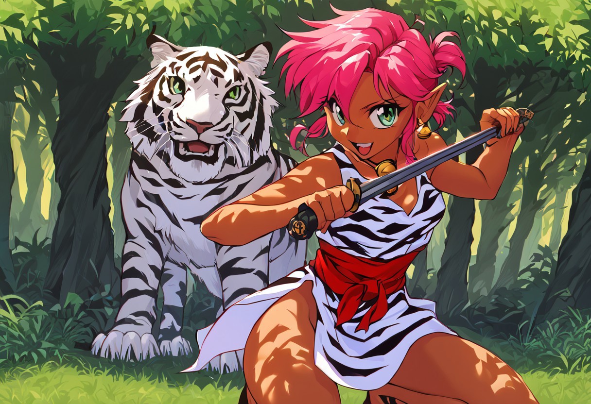 score_9, score_8_up, score_7_up, score_6_up, Masterpiece, source_anime screenshot, duo, 1 girl, 1 boy, vivid colors, retro anime style, high-res, beautiful aesthetic, very intricate, high-quality details, vibrant, highly detailed, award-winning, professional, <lora:pink-ponyxl-v2:1>, open mouth smile, single fang showing, sleeveless dress, white tiger print dress, pelvic curtain, cleavage, white cat ears, cat bell necklace, bright pink hair, tanned, white tiger tail, red sash, small breasts, leather shoes, detailed eyes, green eyes, detailed face, BREAK score_9, score_8_up, score_7_up, score_6_up, Masterpiece, source_anime, 1 girl, 1 boy, vivid colors, anime style, high-res, beautiful aesthetic, very intricate, high-quality details, vibrant, highly detailed, award-winning, professional, <lora:link:0.8> link1, link, soft smile, pointy ears, blonde hair, blue eyes, medium hair, side locks, earrings, short ponytail, blue hylian tunic
Break
Under a thick forest canopy, <lora:sword-guard-stance-ponyxl-lora-nochekaiser:1>, sword guard stance, sword, weapon, duo, katana, holding, pink and link holding weapon, holding sword, looking at viewer,