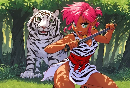 score_9, score_8_up, score_7_up, score_6_up, Masterpiece, source_anime screenshot, duo, 1 girl, 1 boy, vivid colors, retro anime style, high-res, beautiful aesthetic, very intricate, high-quality details, vibrant, highly detailed, award-winning, professional, <lora:pink-ponyxl-v2:1>, open mouth smile, single fang showing, sleeveless dress, white tiger print dress, pelvic curtain, cleavage, white cat ears, cat bell necklace, bright pink hair, tanned, white tiger tail, red sash, small breasts, leather shoes, detailed eyes, green eyes, detailed face, BREAK score_9, score_8_up, score_7_up, score_6_up, Masterpiece, source_anime, 1 girl, 1 boy, vivid colors, anime style, high-res, beautiful aesthetic, very intricate, high-quality details, vibrant, highly detailed, award-winning, professional, <lora:link:0.8> link1, link, soft smile, pointy ears, blonde hair, blue eyes, medium hair, side locks, earrings, short ponytail, blue hylian tunic
Break
Under a thick forest canopy, <lora:sword-guard-stance-ponyxl-lora-nochekaiser:1>, sword guard stance, sword, weapon, duo, katana, holding, pink and link holding weapon, holding sword, looking at viewer,