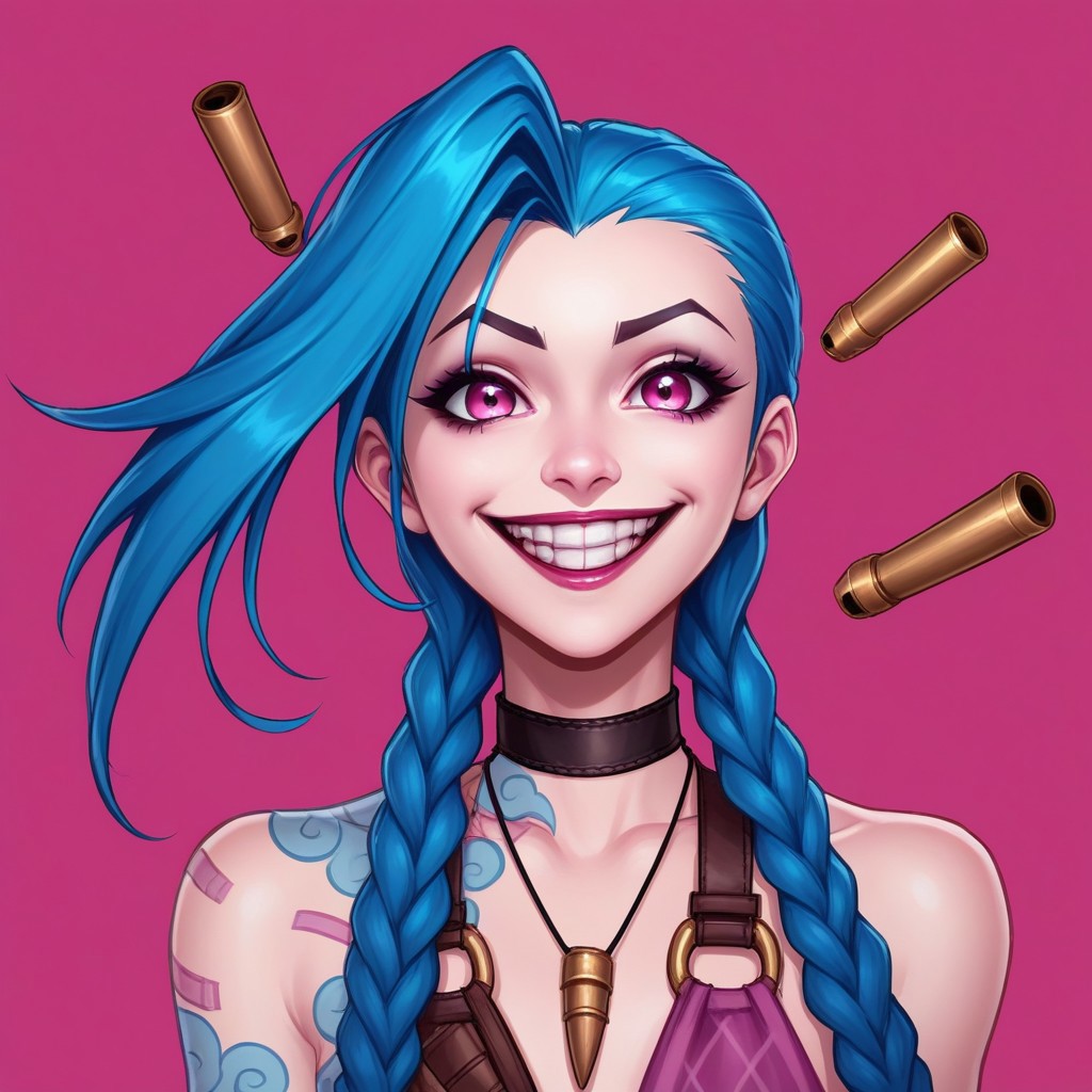 Jinx, League of Legends, 1girl, solo, long hair, smile, teeth, braid, blue hair, twin braids, jewelry, bangs, pink eyes, bare shoulders, open mouth, bullet, necklace, grin, twintails, asymmetrical bangs, choker, portrait, looking at viewer, pink background, head only, above neck