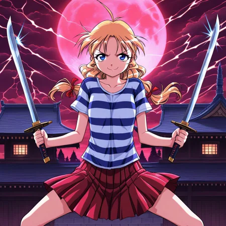 masterpiece, best quality, amazing quality, Kashiwagi_Hatsune(Kizuato), 1girl, solo, blonde hair, blue eyes, long hair, ahoge, antenna hair, skirt, shirt, striped, striped shirt, red skirt, short sleeves, pleated skirt, ponytail, looking at viewer, Fearless smile, serious, smug, closed mouth, v-shaped eyebrows, w arms, (holding swords:1.4), swords up, bowlegged pose, outdoor, Japanese castle, red moon, storm, thunder,