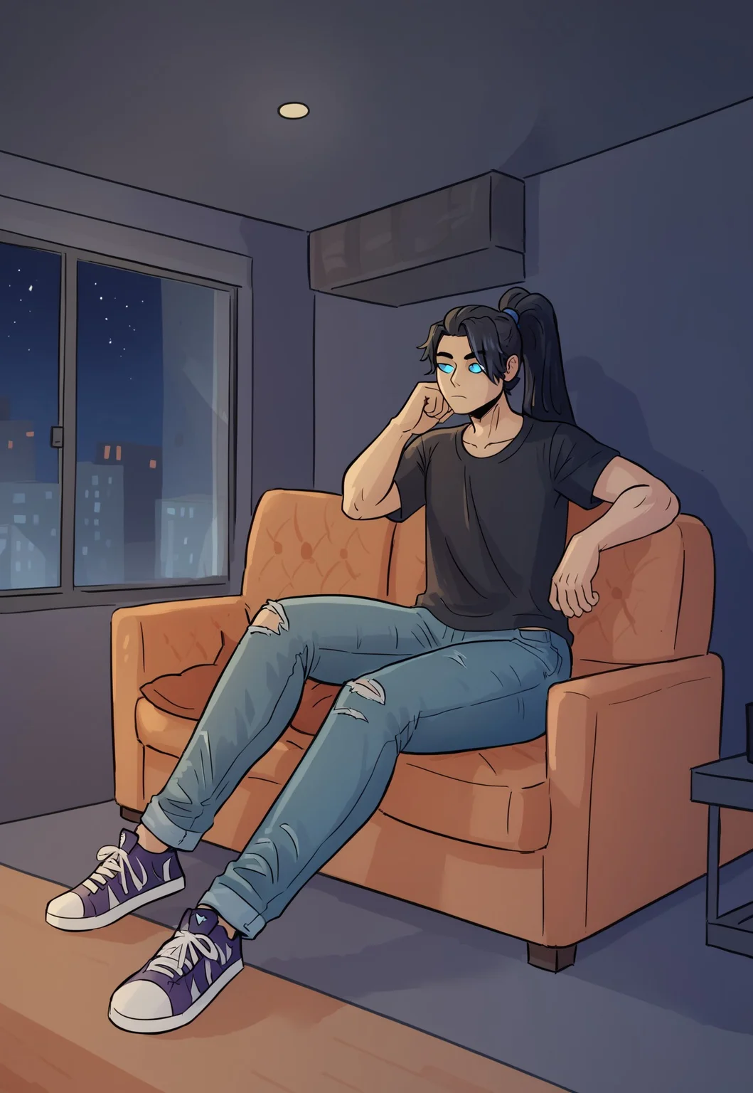 Score_9, score_8_up, score_7_up, score_6_up, score_5_up, score_4_up, indoors, night, city, home background, living room, sofa.
BREAK, human, male, black hair, blue eyes, long hair, ponytail, black shirt, jeans, sneakers
BREAK, bored, resting on sofa, watching TV