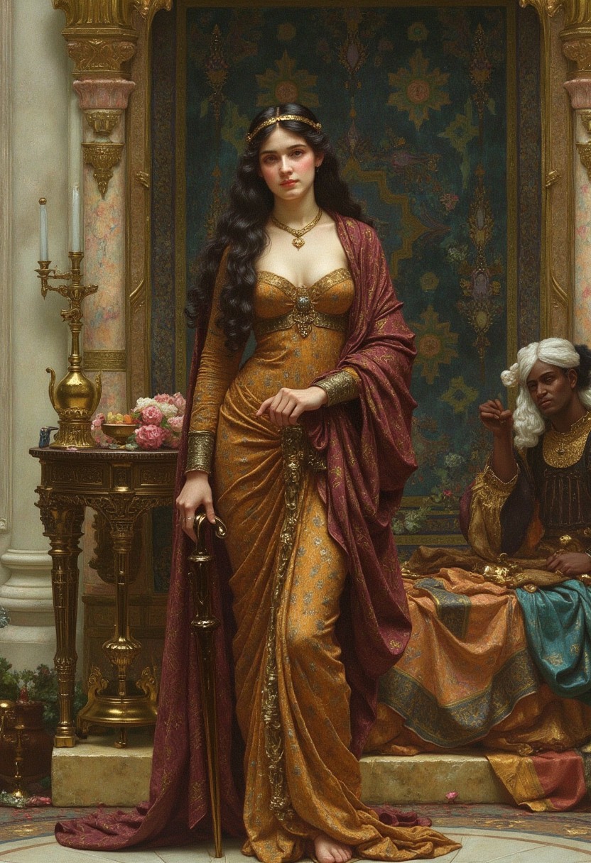 19th century Victorian oil painting by Ernest Normand Targaryen princess, new digital art for a living, in the style of psychadelic surrealism, made of liquid metal, lively movement portrayal, realistic anamorphic art, distorted and exaggerated human figures, striped painting, uhd image, hkstyle