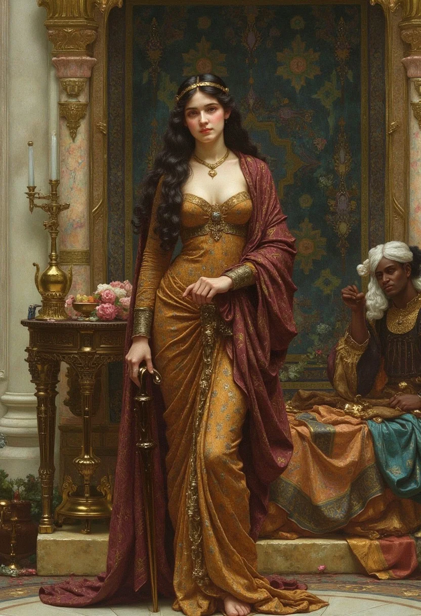 19th century Victorian oil painting by Ernest Normand Targaryen princess, new digital art for a living, in the style of psychadelic surrealism, made of liquid metal, lively movement portrayal, realistic anamorphic art, distorted and exaggerated human figures, striped painting, uhd image, hkstyle