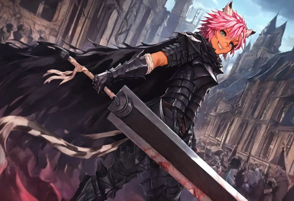 masterpiece, very aesthetic, anime screenshot, 1girl, Pink_PonyXL, DragonSlayerSword-Il.V1.0, black armor, shoulder armor, gauntlets, greaves, bandaged arm, black cape, torn cape, bright pink hair, cat ears, scar on nose, cat bell around neck, tanned, white tiger tail, small breasts, femine body, smiling, making a cute cat face, single fanged tooth showing, standing, looking at viewer, side view, wielding-dragonslayer, huge weapon, sword, holding sword, holding weapon, full body, zoomed in on pink_ponyxl, Dutch angle, cowboy shot
Break
City of hyrule, bright and sunny, happy adoring crowd,