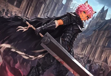 masterpiece, very aesthetic, anime screenshot, 1girl, Pink_PonyXL, DragonSlayerSword-Il.V1.0, black armor, shoulder armor, gauntlets, greaves, bandaged arm, black cape, torn cape, bright pink hair, cat ears, scar on nose, cat bell around neck, tanned, white tiger tail, small breasts, femine body, smiling, making a cute cat face, single fanged tooth showing, standing, looking at viewer, side view, wielding-dragonslayer, huge weapon, sword, holding sword, holding weapon, full body, zoomed in on pink_ponyxl, Dutch angle, cowboy shot
Break
City of hyrule, bright and sunny, happy adoring crowd,