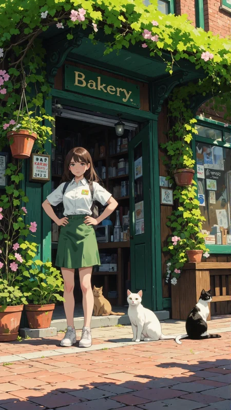 Comic book style, aidmaimageupgrader, digital illustration depicting a young girl standing on a sunlit brick sidewalk, next to a green door labeled "Bakery" with a hanging flower pot, she has long brown hair and wears a white shirt, green skirt, and white shoes, a white cat sits in front of her, while a black and white cat sits on the ground to her right, the background features a vine-covered wall with blooming flowers, the composition follows the rule of thirds, with the girl and cats positioned in the lower third. The background is in focus, showing detailed textures of the brick and foliage, <lora:Comic book V2_flux_styles:1> , <lora:aidmaImageUpraderv0.3:0.4>