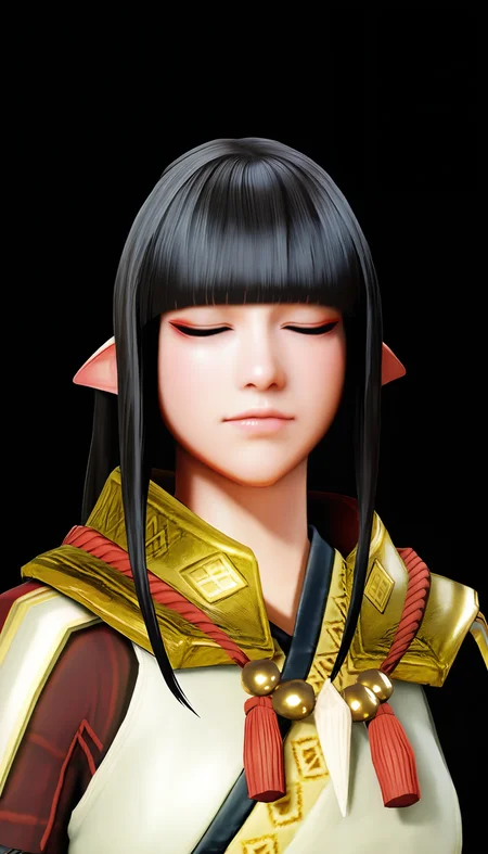 masterpiece,best quality,amazing quality,
<lora:mhminotoNAI:1>,mhminoto,realistic,no hair ornament,
1girl,solo,black hair,long hair,blunt bangs,hair ornament,red and white short cape,white robe top,portrait,closed eyes,black background,