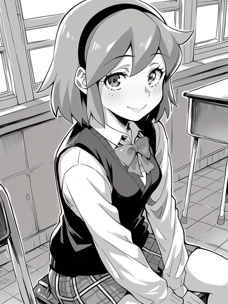 score_9, score_8_up, score_7_up,  
1girl, monochrome, harada yukiko, medium hair, grey hair, hairband, small breasts, 
sitting, classroom, smile, closed mouth, looking at viewer, solo,
school uniform, sweater vest, white shirt, long sleeves, bowtie, plaid skirt, 