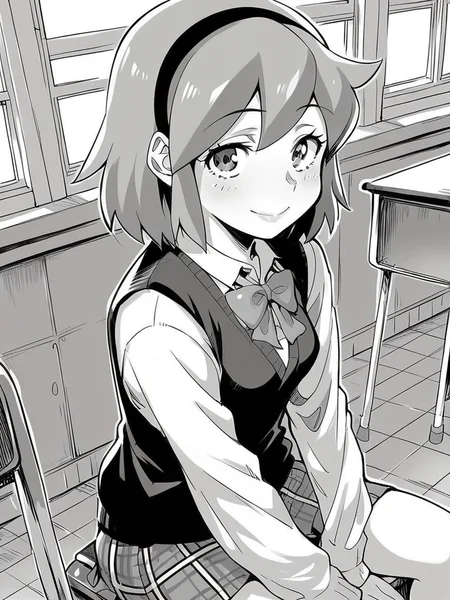 score_9, score_8_up, score_7_up,  
1girl, monochrome, harada yukiko, medium hair, grey hair, hairband, small breasts, 
sitting, classroom, smile, closed mouth, looking at viewer, solo,
school uniform, sweater vest, white shirt, long sleeves, bowtie, plaid skirt, 