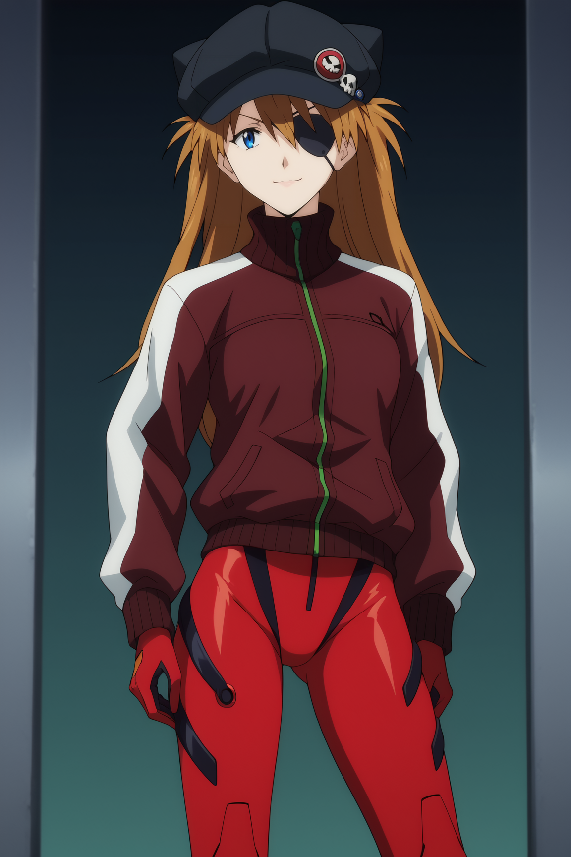 score_9, score_8_up, score_7_up, source anime, prefect lighting, very aesthetic, BREAK, anime coloring, anime screencap,
<lora:asuka_rebuild_v1-pony6:1>, 1girl, souryuu asuka langley, rebuild of evangelion, blue eyes, brown hair, interface headset, 
jacket over plugsuit, track jacket, bodysuit under clothes, cat hat, cabbie hat, hat ornament, button badge, skull print, eyepatch,
BREAK, looking at viewer, light smile, standing, 
BREAK,