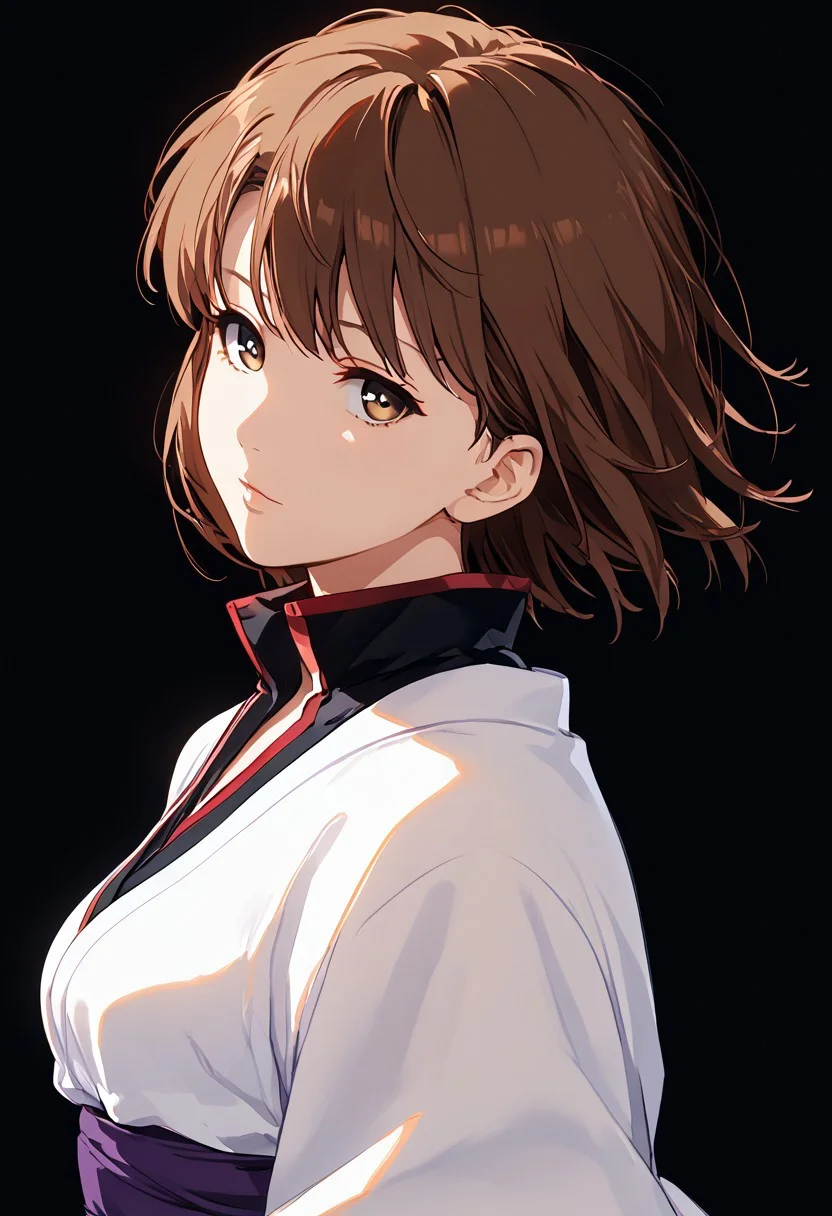 score_9, score_8_up, score_8, score_7_up, source_anime,
1girl, katou megumi, Megumi <lora:KatoMegumi:1>,brown hair,katou megumi,brown eyes, medium breasts , short hair, masterpiece, best quality, white kimono, hadanugi dousa, black shirt, black pants, black belt, purple sash, boots, black footwear, (((dark black background))), portrait, from side, head tilt, looking at viewer