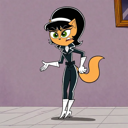 <lora:KittyTuff_pony_v1:.8> Kitty, 1girl, green eyes, tail, white gloves, animal ears, black hair, furry female, animal nose, body fur, white footwear, pants, makeup, dark-skinned female, dark skin, long sleeves, short hair, bodysuit