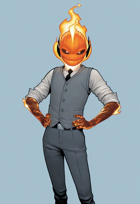 masterpiece, absurdres, high quality, perfect anatomy, 1boy, solo, cute boy, male focus, doyle, Orange Fire, Black Scelera, colored scelera, white shirt, grey vest, belt, sleeves rolled up, smug smile, hands on hips, cinematic, intricately detailed illustration, depth of field, masterpiece, best quality, amazing quality, very aesthetic, absurdres, newest, very awa, shadow, dynamic angle, casual cosplay, dynamic pose, simple background,