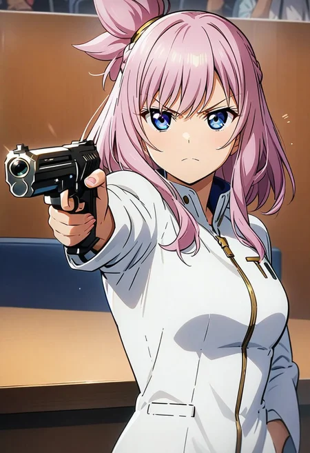 masterpiece, best quality, anime girl, Turkish Killer Pose, Look at the gun, Aiming,