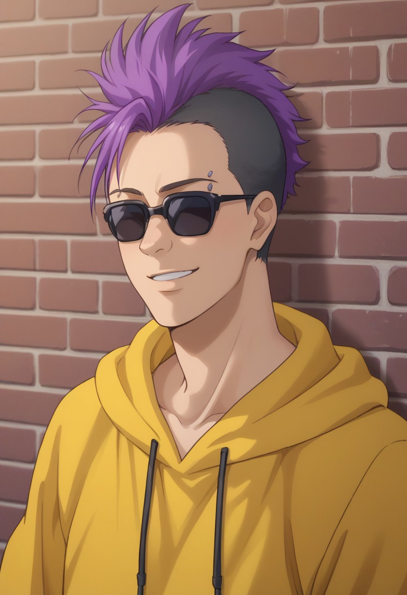 score_9, score_8_up, score_7_up, source_anime, highly detailed, 
wong, 1boy, male focus, undercut, sunglasses, solo, purple hair, multicolored hair, smile, piercing, two-tone hair, mohawk, upper body, black hair, hoodie, yellow hoodie, hood,
outdoor, sky, wall,