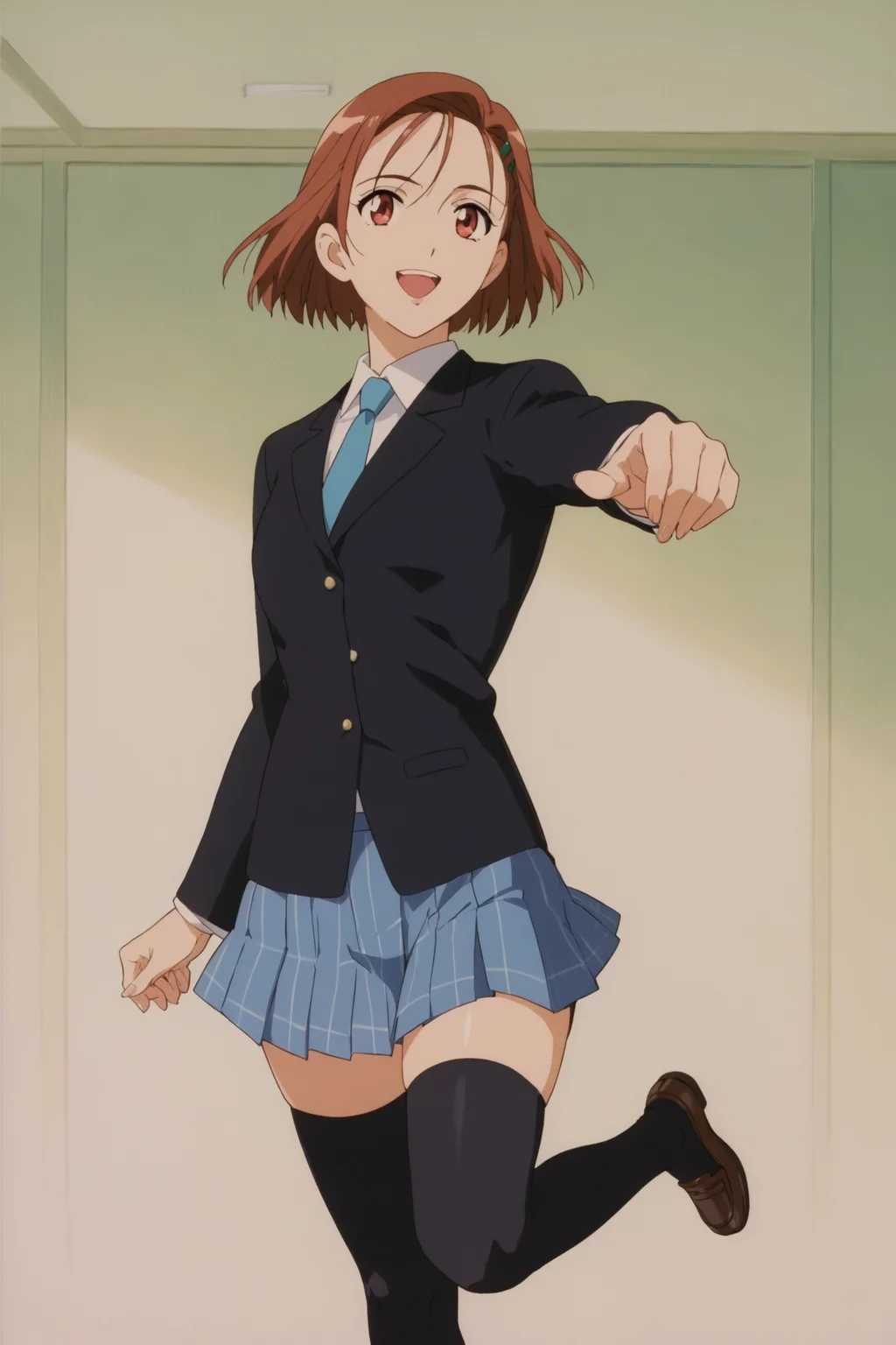 score_9, score_8_up, score_7_up, score_6_up, score_5_up, source_anime, rating_safe, medium breasts, indoors, study room, 1girl, solo, looking at viewer, <lora:age_slider_v4:3>, yukino miyazawa, pleated skirt, hair ornament, blazer, jacket, blue necktie, shirt, short hair, brown hair, school uniform, skirt, black thighhighs, loafers, <lora:Yukino_Miyazawa:0.8>, dynamic pose