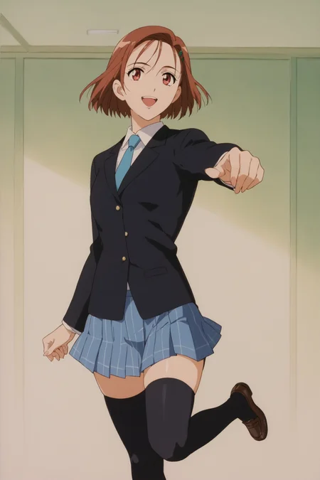 score_9, score_8_up, score_7_up, score_6_up, score_5_up, source_anime, rating_safe, medium breasts, indoors, study room, 1girl, solo, looking at viewer, <lora:age_slider_v4:3>, yukino miyazawa, pleated skirt, hair ornament, blazer, jacket, blue necktie, shirt, short hair, brown hair, school uniform, skirt, black thighhighs, loafers, <lora:Yukino_Miyazawa:0.8>, dynamic pose