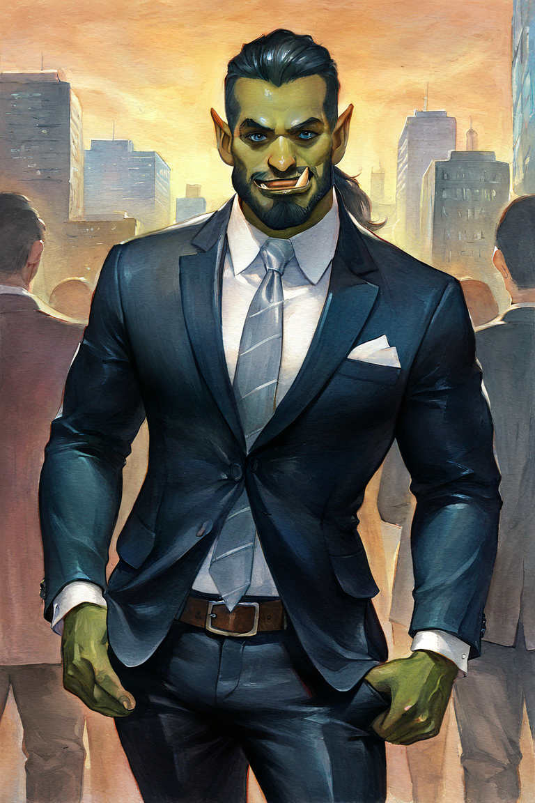 masterpiece, best quality, highres, newest, traditional media, realistic, watercolor \(medium\), orc, green skin, tusks, facial hair, beard, mustache, medium hair, black hair, hair slicked back, ponytail, blue eyes, formal, black suit, suit, white shirt, collared shirt, grey necktie, long sleeves, black pants, muscular, 1boy, solo, male focus, mature male, smile, looking at viewer, cowboy shot, standing, outdoors, city, building <lora:Turquoise [LoRA] - NoobAI-XL EPS 1.0:0.8>