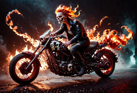 score_9, score_8_up, score_7_up, Ghost Rider,her head made of skull riding a flaming motorcycle, highly detailed, epic, cinematic lighting, dark background, flames, skull, leather jacket. wide shot.