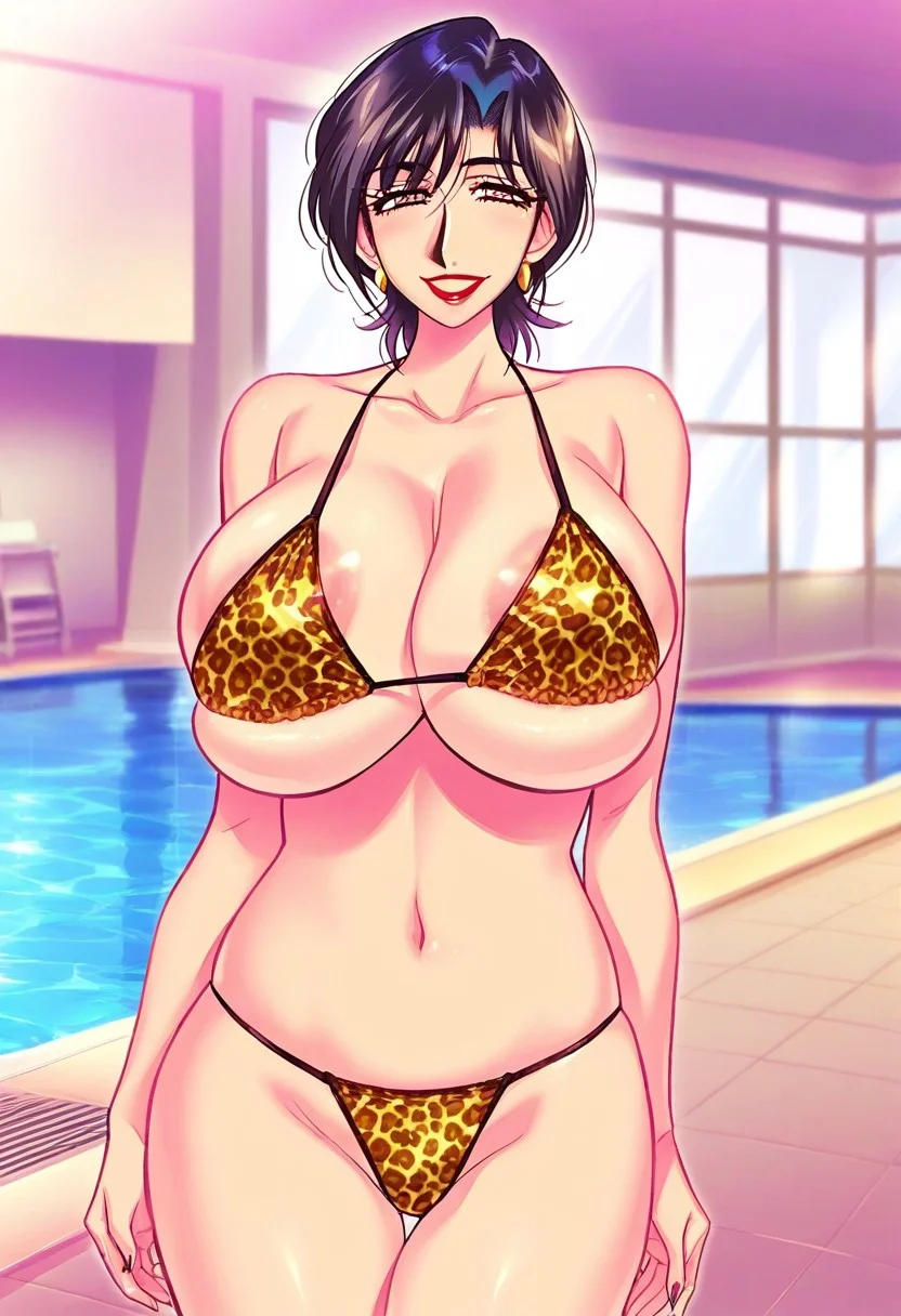 masterpiece, best quality, amazing quality, very aesthetic, absurdres, newest, scenery, 1women at office, solo, (( <lora:chiba_yuriko:1> , chiba_yuriko, thin waist, wide hips, beautiful skin, piercing brown eyes, clear eyes, bright pupils, beautiful eyes, beautiful dark blue hair, beautiful short hair, gigantic and shaggy breasts, natural beauty, extraordinary beautiful woman, attractive woman, super sexy woman, lustful body, sexy woman with seductive obscene body, sensual body, voluptuous body, sexy beauty, no piercings, no piercing, red lipstick, )) , gold earrings, sexy leopard print bikini, obscene cleavage, pool, seductive smile, seductive pose, Aqua Park background,