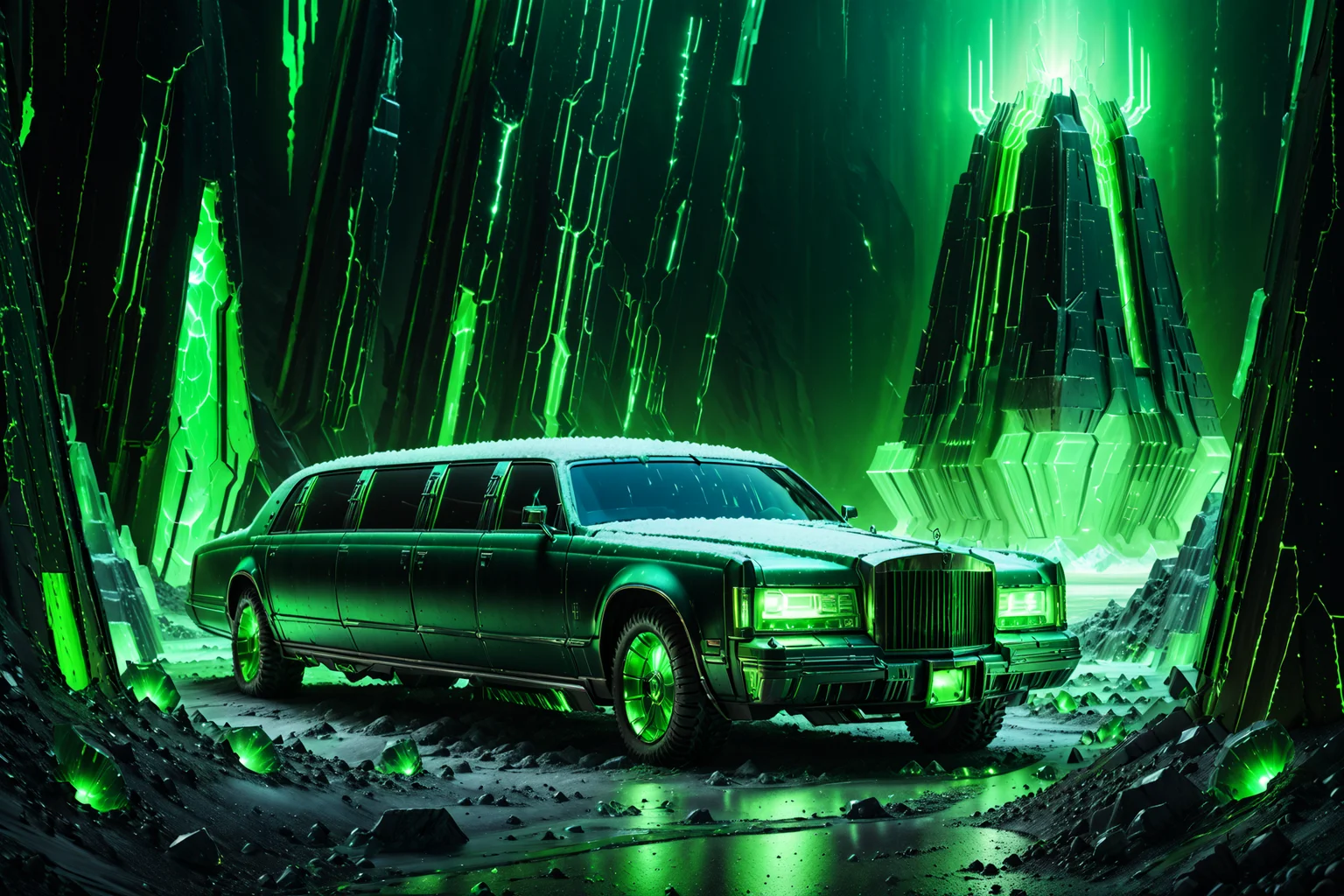 Necron, electricity, green glow, green theme, limousine, futuristic ice field, detailed background, rustic tones, gentle glow, close-up shot, <lora:Necron_World_XL-000009:1>