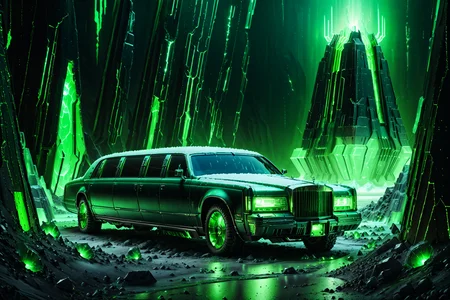 Necron, electricity, green glow, green theme, limousine, futuristic ice field, detailed background, rustic tones, gentle glow, close-up shot, <lora:Necron_World_XL-000009:1>