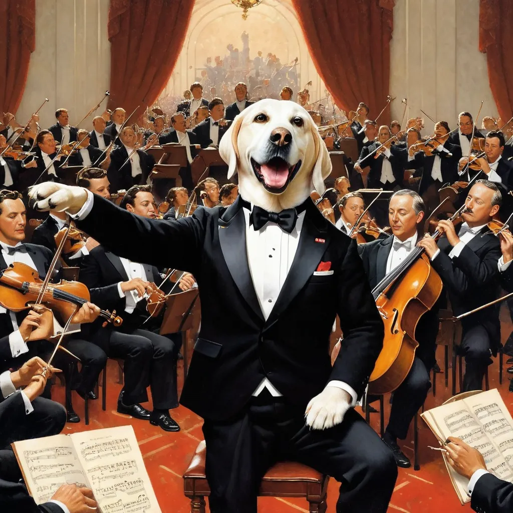 painting of a Labrador Dog wearing a tuxedo and conducting a symphony orchestra, art by Norman Rockwell <lora:Labrador Dog:1>