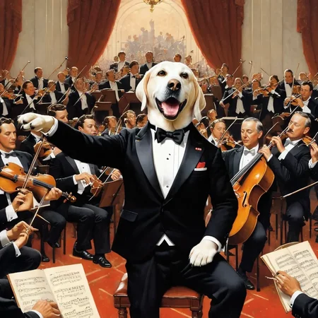 painting of a Labrador Dog wearing a tuxedo and conducting a symphony orchestra, art by Norman Rockwell <lora:Labrador Dog:1>