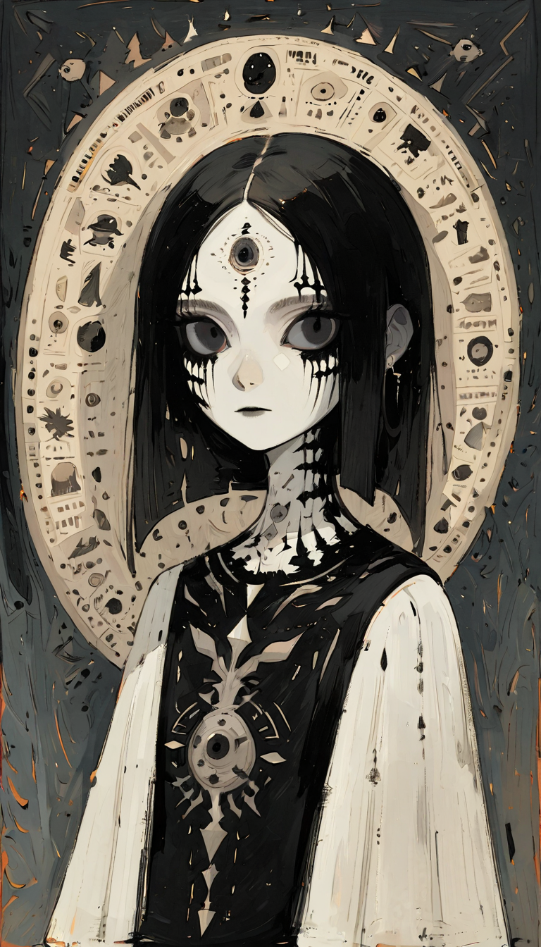 positiv Clip L:
 an award-winning close-up, face, skinny, Gothic, woman, sublime ancient illustration of an award-winning, predating human civilization. crude and simple, but also surprisingly beautiful artwork, made by genius primeval artist. best quality, high resolution
positiv Clip G:
 an award-winning an impressive close-up of the face of a skinny Gothic woman that captivates the viewer. Her pale, porcelain-like skin appears almost supernatural, while her dark eyes exude depth and penetration , sublime ancient illustration of an award-winning, predating human civilization. crude and simple, but also surprisingly beautiful artwork, made by genius primeval artist. best quality, high resolution