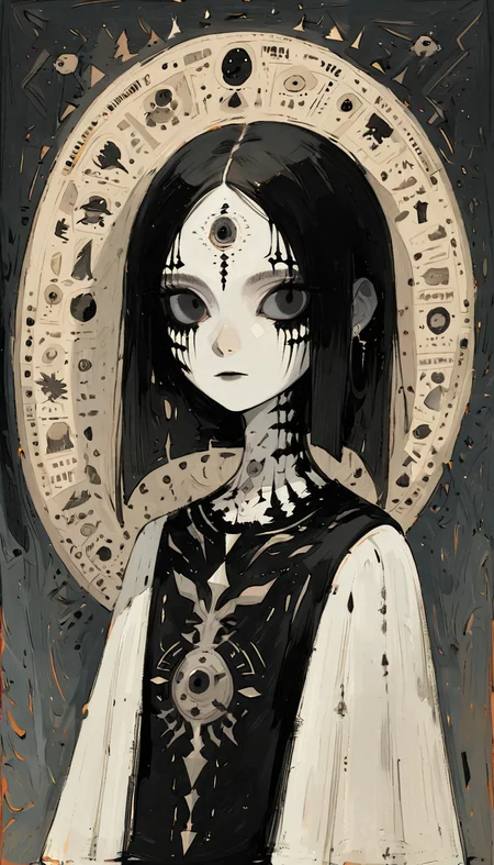 positiv Clip L:
 an award-winning close-up, face, skinny, Gothic, woman, sublime ancient illustration of an award-winning, predating human civilization. crude and simple, but also surprisingly beautiful artwork, made by genius primeval artist. best quality, high resolution
positiv Clip G:
 an award-winning an impressive close-up of the face of a skinny Gothic woman that captivates the viewer. Her pale, porcelain-like skin appears almost supernatural, while her dark eyes exude depth and penetration , sublime ancient illustration of an award-winning, predating human civilization. crude and simple, but also surprisingly beautiful artwork, made by genius primeval artist. best quality, high resolution