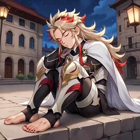 masterpiece, best quality, sharp aliasing, highly detailed, 1male, male body, male,EPfeCorrin, white cape with flames, armour, black gloves, black pants, wearing pants, outdoors, stone tiled ground, buildings, night, barefoot, toeless legwear, armoured legwear, shin armour, leg armour, leg and shin amour, stirrup legwear, black stirrups, 5 toes, Quality, High Definition, Full body view, solo, rengoku kyojuro, forked eyebrowns, long hair, two-tone hair, multicolored hair, red eyes, sword, red toenails, dirty feet, glowing eyes, side view, sitting on ledge, sleeping, snoring