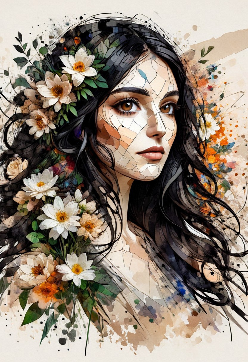 InkMosaic, a portrait of a woman with flowers in her long black hair, brown eyes