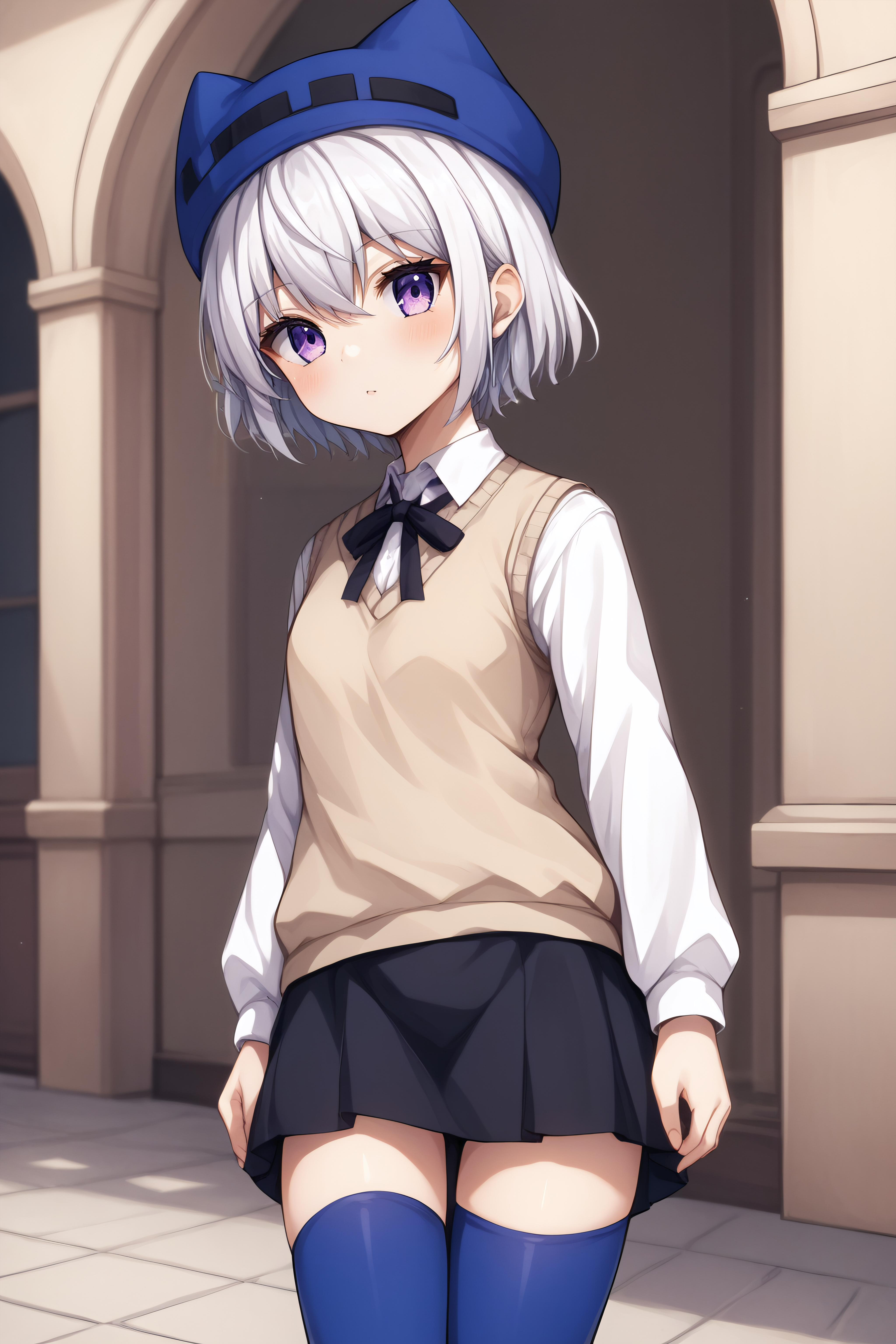 score_9, score_8_up, score_7_up, source_anime, <lora:Athena-PonyXL-lora-Faxtron:0.8> athena, purple eyes, white hair, short hair, hat with ears, beige sweater vest, white shirt, black neck ribbon, long sleeves, black skirt, blue thighhighs, standing,