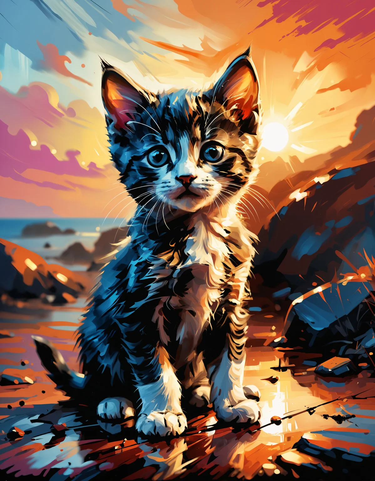 zavy-ngtvpnt, painting, Manx Kitten, Dreamy, background, at Sunrise, Wide view, F/8, painterly, fantastic, perfect composition, handsome, dynamic background, winning, shiny, extremely stylish, polished, surreal, deep rich colors