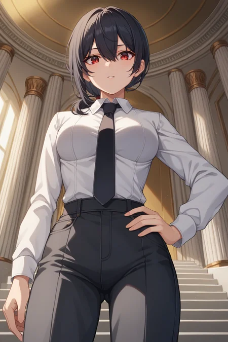 score_9, score_8_up, score_7_up, source_anime, 1girl, prefect lighting, very aesthetic, intricate details, highly detailed background, masterpiece, high quality, prefect hands, best quality, solo,
<lora:Grace_Howard_ZZZ_V1:.85>, KJOgrace, low ponytail, black hair, red eyes, hair between eyes, sidelocks,
White collared shirt, black necktie, black pants, long sleeves,
standing, hand on own hip, from below, looking at viewer,
throne room, stairs, pillars, curtains,
(Beautiful, medium Breasts:1.2), natural breasts,