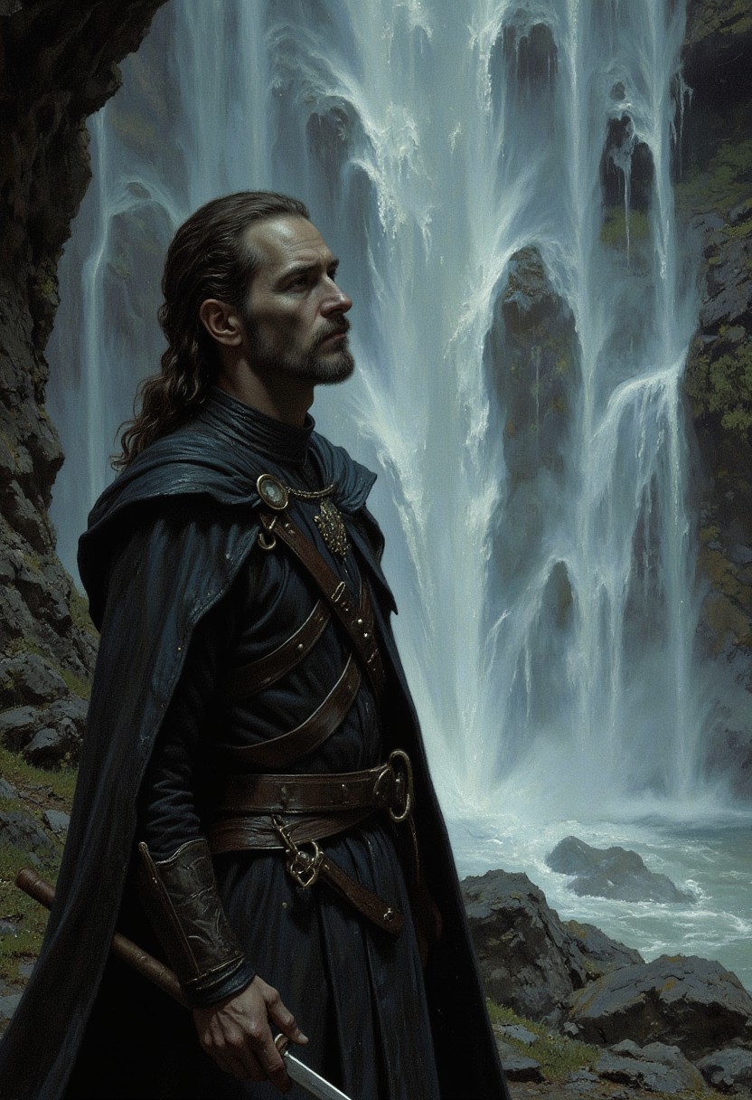 Roland Deschain, his face etched with lines of fatigue and resolve, standing at the base of a towering waterfall. The mist from the falling water coats his leather duster, as he looks up at the sheer drop, pondering the path his ka-tet must take next on their journey towards the Dark Tower.