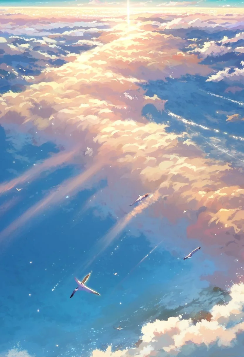 score_9, score_8_up, score_7_up, zPDXL, Shinkaistyle, no humans, scenery, a flagship in the ocean, sea, horizon, summer, seagulls, cozy vibe, dust particles, cloud, sunny, blue sky