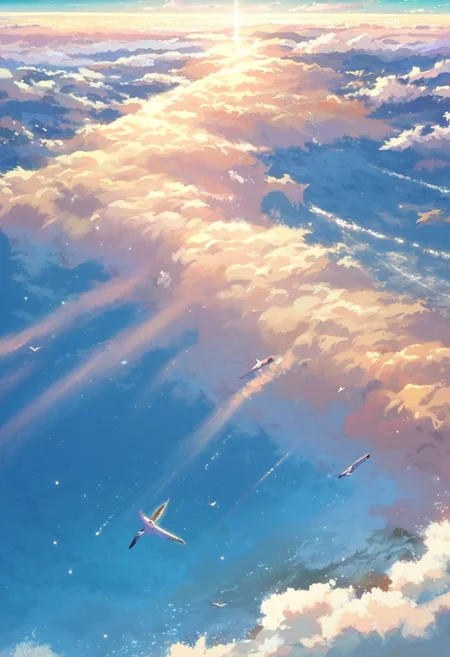 score_9, score_8_up, score_7_up, zPDXL, Shinkaistyle, no humans, scenery, a flagship in the ocean, sea, horizon, summer, seagulls, cozy vibe, dust particles, cloud, sunny, blue sky