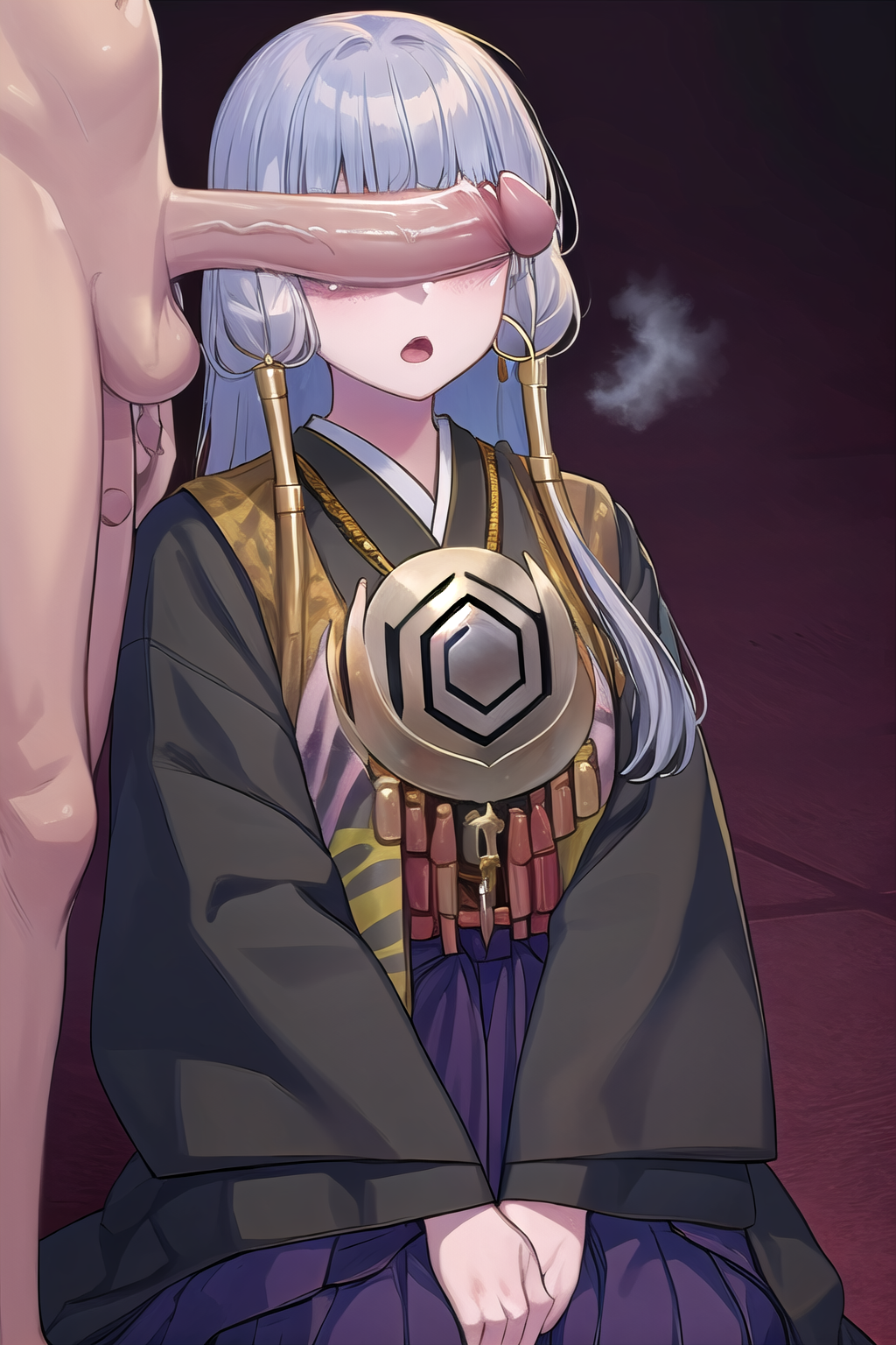 masterpiece, best quality, ultra-high-detailed, penis over eyes, 1boy, 1girl, Uematsu Rikako, silver hair, long hair, two front braids, red eyes, pendant, two yellow ribbons, black kimono, purple skirt, long skirt