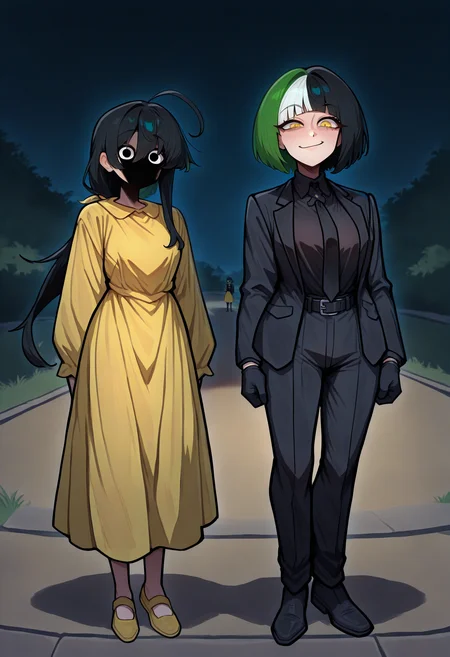 masterpiece, best quality, newest, absurdres, highres, 2girls, full body, standing, outdoors, shaded face, shadow, night, <lora:WhyDisNinjaLookSoMadMeme_illusXL_Incrs_v1:0.75>, looking at viewer, long hair, black hair, ahoge, hair between eyes, single sidelock, low ponytail, yellow sundress, long dress,
masterpiece, best quality, newest, absurdres, highres, 2girls, full body, standing, outdoors, shaded face, shadow, night, <lora:WhyDisNinjaLookSoMadMeme_illusXL_Incrs_v1:0.75>, seductive smile, <lora:NSMelionPalHairIllu:1> NSMelionPalHair, short hair, bob cut, yellow eyes, NSMelionPalHair, green hair, (black hair:1.2), white hair, multicolored hair, medium breasts, formal, black suit, black jacket, suit jacket, open jacket, long sleeves, black gloves, black shirt, collared shirt, black necktie, black pants, black belt, smirk, dynamic pose, elbow rest,