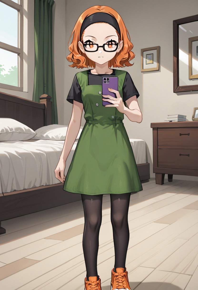 score_9, score_8, score_7, anime_screencap, anime_coloring, source_anime, high_res, Rating_safe
pkmnlanette, 1girl, orange hair, short hair, medium hair, black hairband, orange eyes, black-framed eyewear, glasses, black shirt, short sleeves, green dress, black pantyhose, orange footwear, sneakers
standing, bedroom, window, bed, pillows, detailed background, mirror, selfie, cellphone holding cellphone, purple cellphone, solo