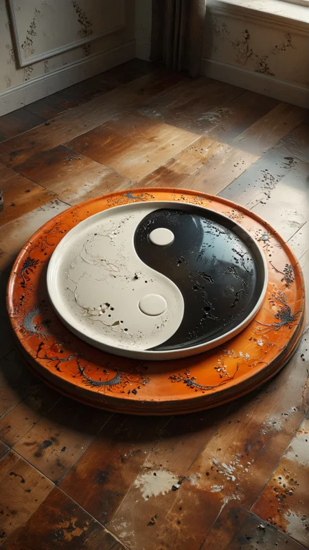 a plate like ying-yang symbol on a table in a large living room, royalcore 
award winning artwork,
many details, extreme detailed, full of details,
Wide range of colors., Dramatic,Dynamic,Cinematic,Sharp details
Insane quality. Insane resolution. Insane details. Masterpiece. 32k resolution.
 <lora:add-detail-xl:0.65> <lora:casting shadow style v2:0.1> casting shadow style, cucoloris patterned illumination <lora:CinematicStyle_v1:0.1> <lora:Disturbia:0.15> <lora:dvr-lnds-sdxl:0.1> dvr-lnds-sdxl <lora:MJ52:0.2> <lora:princess_xl_v2:0.1>  <lora:ral-dissolve:0.1> ral-dissolve <lora:ral-ertmsphr:0.1> ral-ertmsphr  <lora:ral-porcelain:0.3> ral-porcelain <lora:ral-pxlprtcl:0.31> ral-pxlprtcl  <lora:xl_more_art-full_v1:0.5>