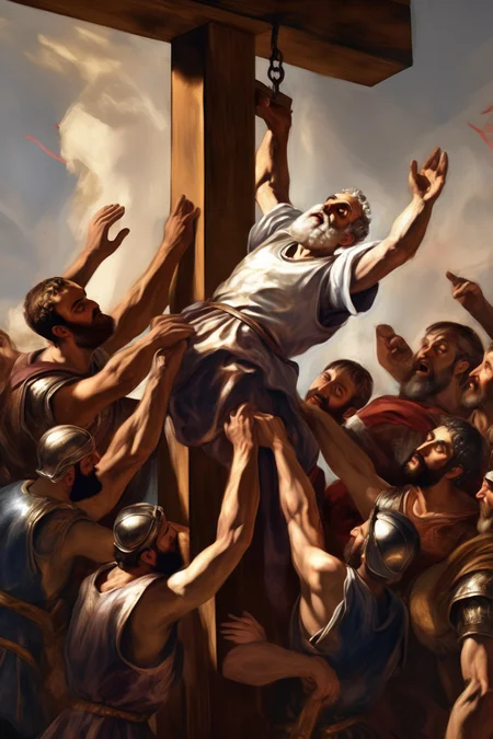 <lora:Tintoretto Style:1>Tintoretto Style - A painting of Saint Peter being lifted upside down on a wooden bar by roman soldiers, precise nautical detail, meticulous military scene, in the style of warbringers series digital painting in the style of Yewon Park,in the style of speedpainting, concept art, sparse, neo-academism, 2d game art, visible brush strokes, artstation, cinematic lights